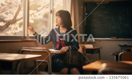 一位高中女生背著書包，望著窗外，教室裡充滿了回憶。 135675061