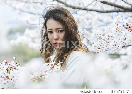 A woman surrounded by cherry blossom trees A woman surrounded by cherry blossom trees 135675137