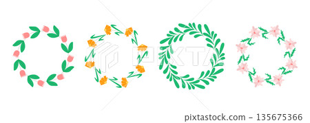 Flowers and herbs create round wreaths Flowers and herbs create round wreaths 135675366