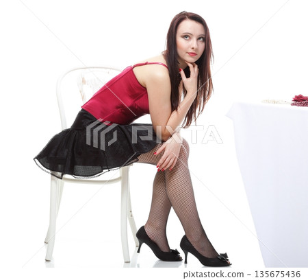 showgirl woman dance in red corset chair white isolated showgirl woman dance in red corset chair white isolated 135675436