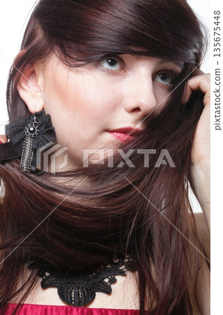 Hair woman in red corset white isolated 135675448