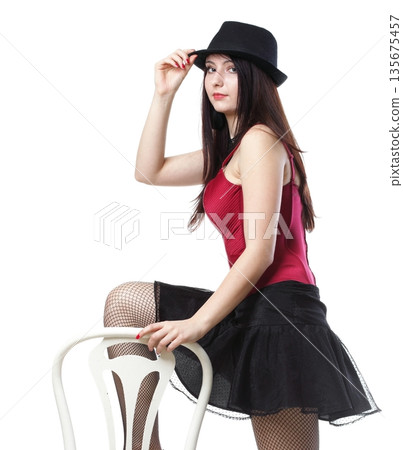 showgirl woman dance in red corset chair white isolated showgirl woman dance in red corset chair white isolated 135675457