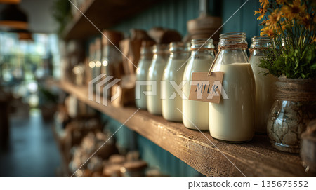 Glass bottles of fresh milk on wooden shelf in organic grocery store interior 135675552