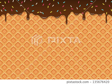 Melting chocolate and waffle background material Sweets design vector illustration Colorful toppings Melting chocolate and waffle background material Sweets design vector illustration Colorful toppings 135676420