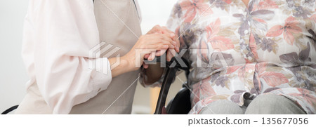 Caring for a wheelchair-bound mother at home - faceless banner Caring for a wheelchair-bound mother at home - faceless banner 135677056