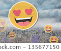 Emojis flying in the sky over the city background 135677150