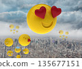 3D emojis flying in the sky over the cityscape background 135677151