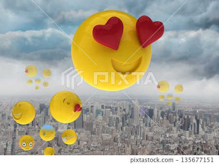 3D emojis flying in the sky over the cityscape background 3D emojis flying in the sky over the cityscape background 135677151