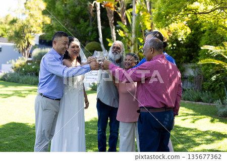 Senior friends toasting with wine glasses in sunny garden, celebrating together 135677362