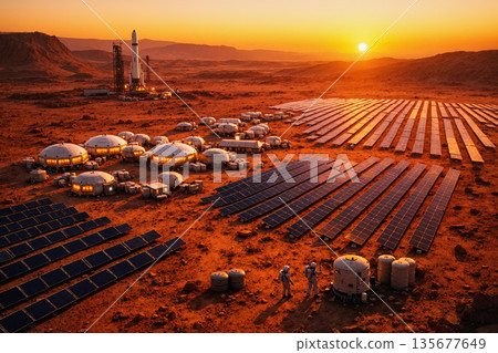AI-generated image of a sunset scene in a Mars colony 135677649
