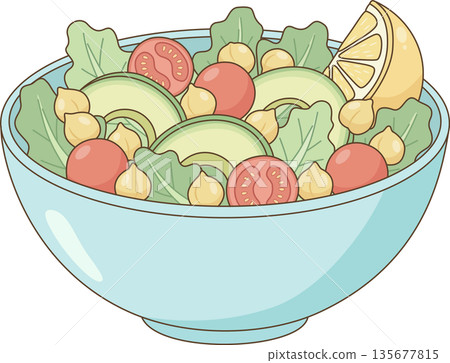 Hand Drawn Minimalist Illustration of a Fresh Healthy Salad Bowl with Avocado, Chickpeas, and Tomatoes for Vegan Menu and Wellness Content Hand Drawn Minimalist Illustration of a Fresh Healthy Salad Bowl with Avocado, Chickpeas, and Tomatoes for Vegan Menu and Wellness Content 135677815