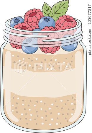 Hand Drawn Minimalist Illustration of Healthy Overnight Oats in a Glass Jar Topped with Raspberries and Blueberries for Vegan Breakfast and Wellness Decor Hand Drawn Minimalist Illustration of Healthy Overnight Oats in a Glass Jar Topped with Raspberries and Blueberries for Vegan Breakfast and Wellness Decor 135677817