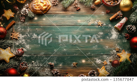 Festive Christmas and New Year decorations arranged on rustic wooden table, featuring cookies, ornaments, and pine branches, creating a warm holiday atmosphere 135677847