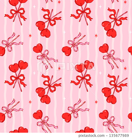 Valentine Coquette seamless pattern Heart Lollipop Candy with Ribbon Bow hand drawn with in whimsical line style on wavy striped retro background Valentine Coquette seamless pattern Heart Lollipop Candy with Ribbon Bow hand drawn with in whimsical line style on wavy striped retro background 135677989