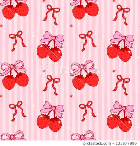 Valentine Coquette Strawberry Cherries Bow seamless pattern hand drawn with in whimsical line style on striped retro background Valentine Coquette Strawberry Cherries Bow seamless pattern hand drawn with in whimsical line style on striped retro background 135677990