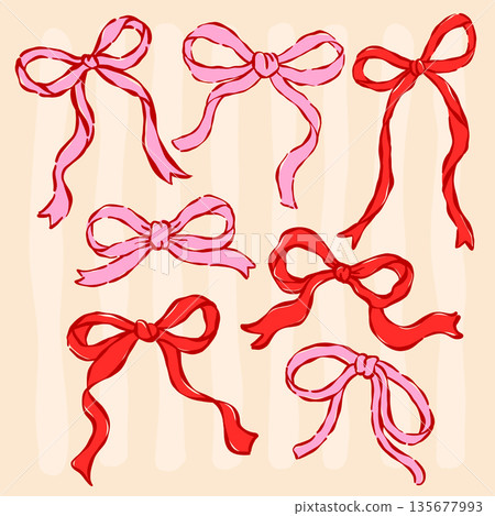 Whimsical Ribbon Bow Elements Hand Drawn in Coquette Aesthetic Set Whimsical Ribbon Bow Elements Hand Drawn in Coquette Aesthetic Set 135677993