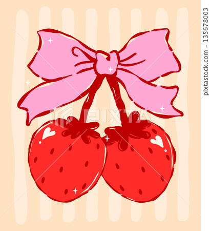 Whimsical Valentine Coquette red strawbery cherry tied with pink bow hand drawn 135678003