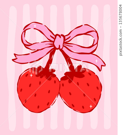 Whimsical Valentine Coquette red strawbery cherry tied with pink ribbon bow hand drawn Whimsical Valentine Coquette red strawbery cherry tied with pink ribbon bow hand drawn 135678004