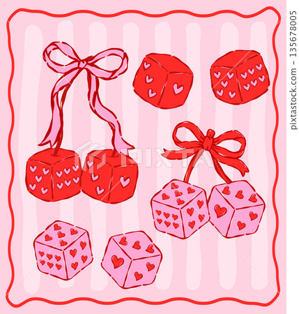 Whimsical Valentine Dice with heart symbols Cherry Coquette hand drawn in bold playful retro line art Whimsical Valentine Dice with heart symbols Cherry Coquette hand drawn in bold playful retro line art 135678005