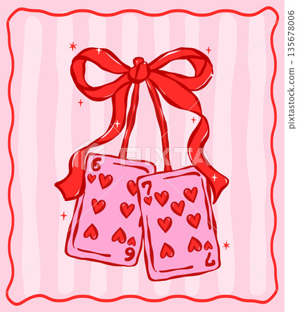 Whimsical Valentine playing card Cherries with heart symbols 6 and 7 coquette ribbon bows hand drawn Whimsical Valentine playing card Cherries with heart symbols 6 and 7 coquette ribbon bows hand drawn 135678006