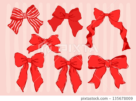 Whimsical Wavy Oversized Red Bow Elements Hand Drawn in Coquette Aesthetic Set Whimsical Wavy Oversized Red Bow Elements Hand Drawn in Coquette Aesthetic Set 135678009