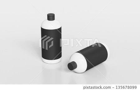 White Plastic Bottles with Black Label and Cap Product Mock up. 3D Rendering. White Plastic Bottles with Black Label and Cap Product Mock up. 3D Rendering. 135678099