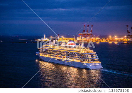View of the Yokohama cityscape in Japan, including Asuka III, Yokohama Symbol Tower, Honmoku Pier, and land reclamation work 135678108