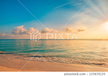 Tranquil sunset beach closeup, soft sand, calm ocean waves, colorful sky reflections, peaceful tropical seaside, serene summer vacation destination, idyllic coastal landscape 135678135
