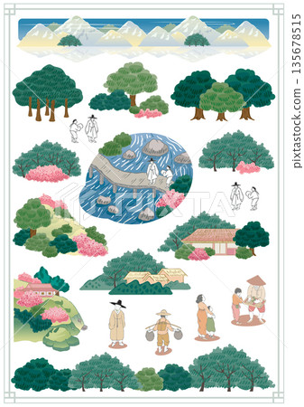 Beautiful Traditional Korean Art Landscape. KoreanArt Style. Template design for stickers and icons Beautiful Traditional Korean Art Landscape. KoreanArt Style. Template design for stickers and icons 135678515