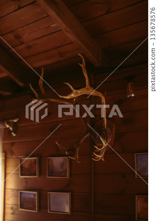 Deer antlers mounted inside a wooden house interior. Cozy Scandinavian home atmosphere with natural materials, rustic decor and warm Nordic style. 135678576