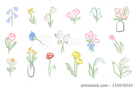 Hand drawn spring flower collection with soft pastel colors. Simple floral doodle set in crayon texture style for greeting cards, packaging, nursery prints and seasonal design. Vector illustration. Hand drawn spring flower collection with soft pastel colors. Simple floral doodle set in crayon texture style for greeting cards, packaging, nursery prints and seasonal design. Vector illustration. 135678583