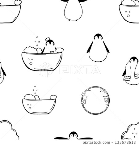 Funny penguin taking bath seamless pattern. Taking bath doodle Funny penguin taking bath seamless pattern. Taking bath doodle 135678618