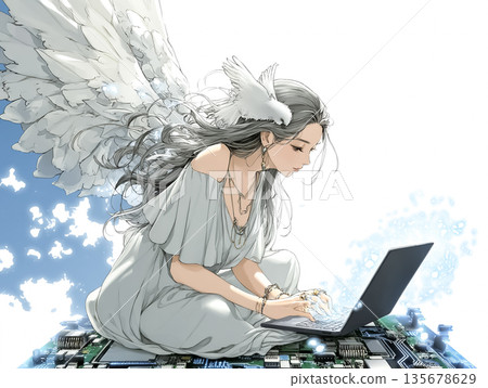 Techno Fairy: A fairy operating a laptop | An illustration that combines digital and fantasy 135678629