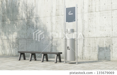 Outdoor Smoking Area with Bench and Ashtray. 3D Rendering. 135679069