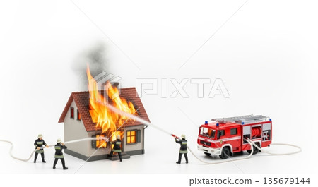 火災救援場景，包括微型消防車和消防員 | 保險、災害預防、自然災害圖片背景 135679144