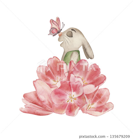 Cute watercolor illustration of a little bunny with a butterfly on its nose, sitting among pink spring flowers. Hand drawn in soft pastel tones, perfect for Easter designs, nursery art, invitations Cute watercolor illustration of a little bunny with a butterfly on its nose, sitting among pink spring flowers. Hand drawn in soft pastel tones, perfect for Easter designs, nursery art, invitations 135679209