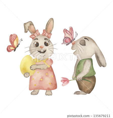 Easter bunnies with an egg and a flower in their hands with butterflies. Spring children's illustration is drawn in watercolors, in warm, delicate shades. For design of holiday cards, packaging Easter bunnies with an egg and a flower in their hands with butterflies. Spring children's illustration is drawn in watercolors, in warm, delicate shades. For design of holiday cards, packaging 135679211