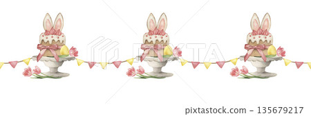 Watercolor Easter border illustration with festive cake topped by bunny ears, pastel eggs, pink tulips and ribbon. Cute spring dessert garland, hand-drawn, for holiday designs, cards, banners Watercolor Easter border illustration with festive cake topped by bunny ears, pastel eggs, pink tulips and ribbon. Cute spring dessert garland, hand-drawn, for holiday designs, cards, banners 135679217
