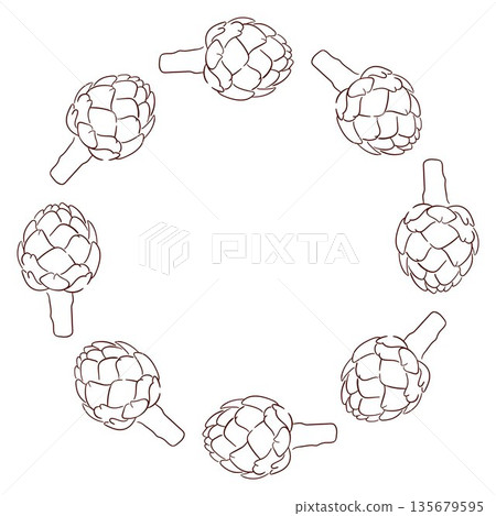 Artichoke wreath in line art style. Design for grocery store package. 135679595