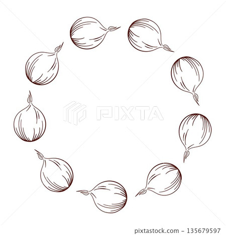 Onion wreath in line art style isolated on white background. Design for vegan cafe. Onion wreath in line art style isolated on white background. Design for vegan cafe. 135679597