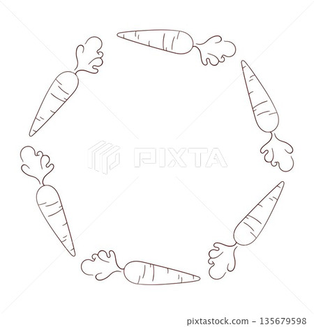 Carrot wreath in line art style. Design for vegan cafe, Easter card isolated on white background. Carrot wreath in line art style. Design for vegan cafe, Easter card isolated on white background. 135679598