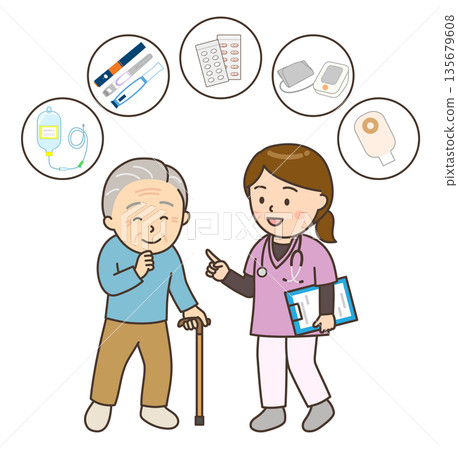 A female nurse and an elderly man explaining home nursing services A female nurse and an elderly man explaining home nursing services 135679608