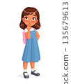 Curious Indian school girl in uniform thinking. Cartoon vector illustration. 135679613