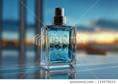 A bottle of cologne sits on a table with a view of the sky. The bottle is clear and has a blue liquid inside. Concept of luxury and sophistication A bottle of cologne sits on a table with a view of the sky. The bottle is clear and has a blue liquid inside. Concept of luxury and sophistication 135679624