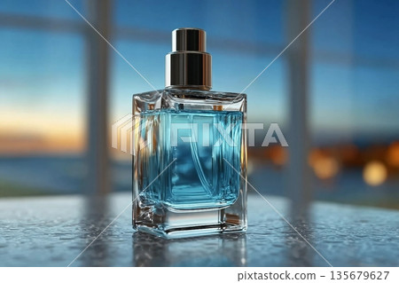A bottle of cologne sits on a table with a view of the sky. The bottle is clear and has a blue liquid inside. Concept of luxury and sophistication 135679627