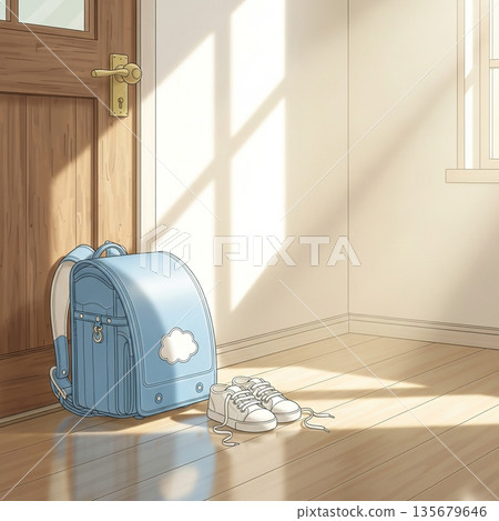 門廳沐浴在晨光中，一個嶄新的書包映入眼簾。 135679646