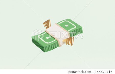 Flying Money Stack with Golden Wings. 3D Rendering. 135679716