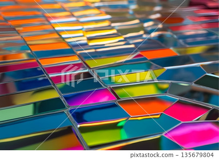Colored glass panel reflecting light into vivid rainbow hues AI Generated 135679804
