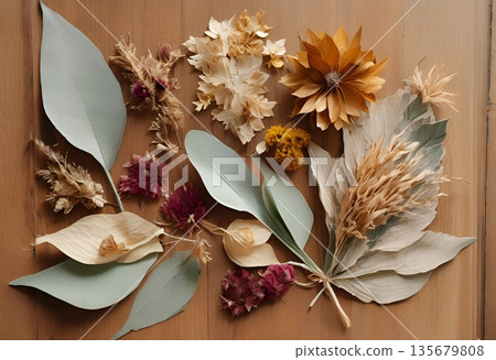 Artificial leaves and flowers in soft natural color tones AI Generated 135679808