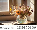 Dried flower vase placed near window as decor AI Generated 135679809